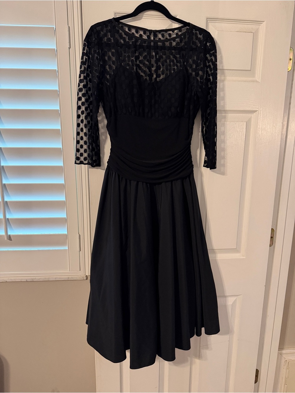Jessica Howard Black Polka-Dot Mesh Midi Dress 3/4 sleeve vintage look